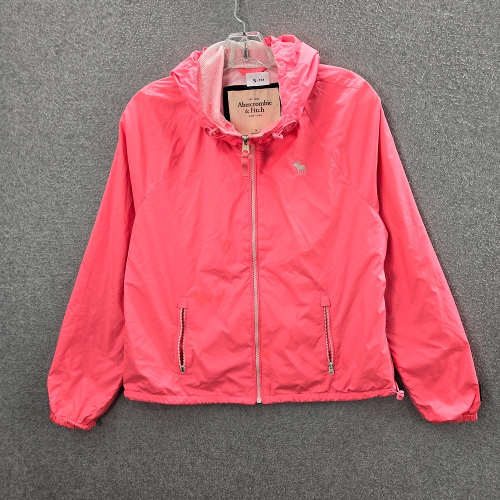 Abercrombie & Fitch Women Jacket Medium Pink Windbreaker Full Zip Hoodie READ